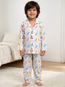 Polka Tots - Kids Cotton Full Sleeves Printed Shirt and Pyjama - White