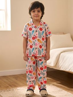 Polka Tots - White Cotton Half Sleeves Printed Shirt with Pyjama (Set of 2)