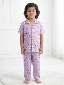 Polka Tots - Purple Cotton Half Sleeves Printed Shirt with Pyjama for Kids (Set of 2)