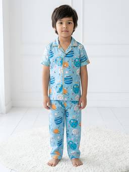 Polka Tots - Blue Cotton Half Sleeves Printed Shirt with Pyjama for Kids (Set of 2)