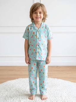 Polka Tots - Turquoise Cotton Half Sleeves Printed Shirt with Pyjama