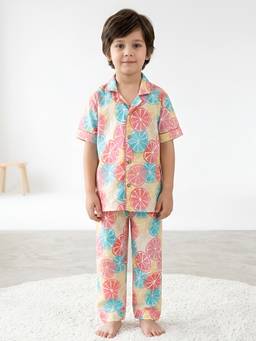 Polka Tots - Multi-Color Cotton Half Sleeves Printed Shirt with Pyjama