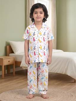 Polka Tots - Multi-Color Cotton Half Sleeves Printed Shirt with Pyjama