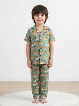 Polka Tots - Green Cotton Half Sleeves Printed Shirt with Pyjama for Kids