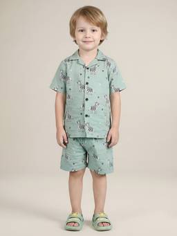 Polka Tots - Green Cotton Printed Half Sleeve Boys Shirt with Shorts( Set of 2)