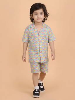 Polka Tots - Multi-Color Cotton Printed Boys Shirt with Shorts( Set of 2)