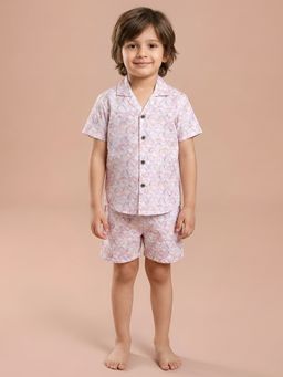 Polka Tots - Pink Cotton Printed Half Sleeve Boys Shirt with Shorts( Set of 2)