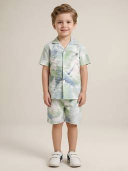Polka Tots - Green Cotton Printed Half Sleeve Boys Shirt with Shorts( Set of 2)