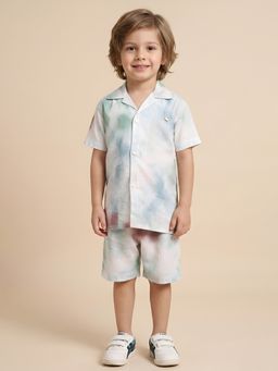 Polka Tots - White Cotton Tie & Dye Half Sleeve Boys Shirt with Shorts( Set of 2)