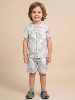 Polka Tots - Grey Cotton Grey Printed Half Sleeve Boys Shirt with Shorts( Set of 2)