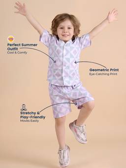 Polka Tots - White Cotton Geometric Half Sleeve Boys Shirt with Shorts( Set of 2)