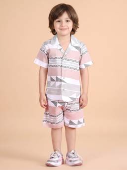 Polka Tots - Multi-Color Cotton Printed Half Sleeve Boys Shirt with Shorts( Set of 2)