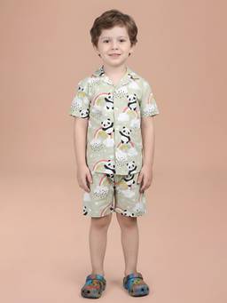 Polka Tots - Green Cotton Graphic Printed Half Sleeve Boys Shirt with Shorts