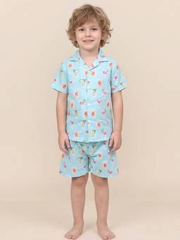 Polka Tots - Turquoise Cotton Printed Half Sleeve Boys Shirt with Shorts