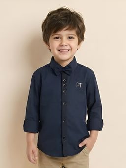 Polka Tots - Kids Cotton Full Sleeve Party Wear Bow Tie Shirt - Navy Blue (Set of 2)