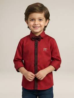 Polka Tots - Kids Cotton Full Sleeve Party Wear Bow Tie Shirt - Red (Set of 2)