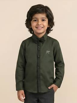 Polka Tots - Kids Cotton Full Sleeve Party Wear Bow Tie Shirt - Green (Set of 2)