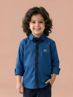 Polka Tots - Kids Cotton Full Sleeve Party Wear Bow Tie Shirt - Blue (Set of 2)