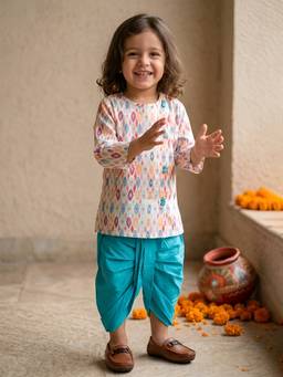 Polka Tots - Kids Printed Kurta with Dhoti- Turquoise Blue (Set of 2)