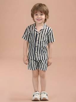 Polka Tots - Kids Cotton Half Sleeve Stripes Print Shirt with Short - Blue (Set of 2)