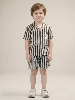 Polka Tots - Kids Cotton Half Sleeve Stripes Print Shirt with Short - Brown (Set of 2)