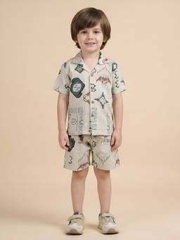 Polka Tots - Kids Cotton Half Sleeve Print Shirt with Short - Green (Set of 2)