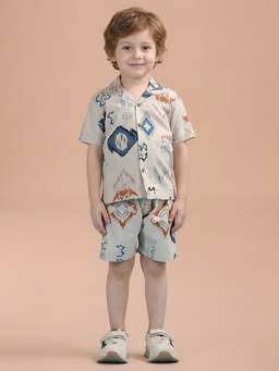 Polka Tots - Kids Cotton Half Sleeve Print Shirt with Short - Blue (Set of 2)