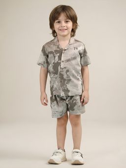 Polka Tots - Kids Cotton Half Sleeve Printed Shirt with Short - Brown (Set of 2)