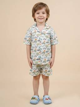 Polka Tots - Boys White Printed Co-Ord (Set of 2)