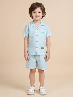 Polka Tots - Boys Blue Solid Co-Ord (Set of 2)