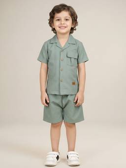 Polka Tots - Boys Turquoise Solid Co-Ord (Set of 2)