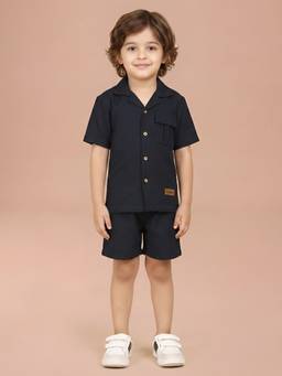 Polka Tots - Boys Navy Blue Solid Co-Ord (Set of 2)