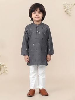 Polka Tots - Boys Grey Cotton Embroidered Kurta with Pyjama