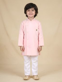 Polka Tots - Boys Pink Cotton Textured Kurta with Pyjama