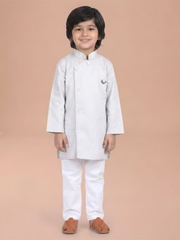 Polka Tots - Boys Grey Cotton Textured Kurta with Pyjama
