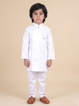 Polka Tots - Boys White Cotton Textured Kurta with Pyjama