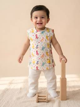 Polka Tots - Multi-Color Cotton Cap Sleeves Dinosaur Print Jabla & Pant
