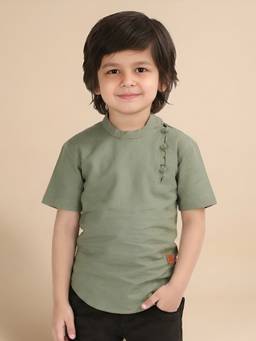 Polka Tots - Green Cotton Half Sleeve Festive Wear Kurta