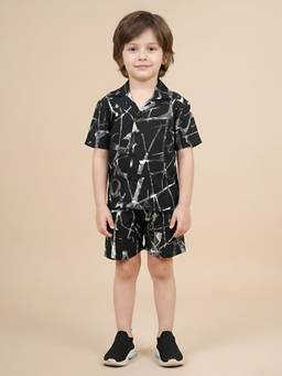 Polka Tots - Cotton Half Sleeve Brush Print Co-Ord Set-Black