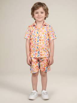 Polka Tots - Cotton Half Sleeve Geometric Print Co-Ord Set-Multi-Color
