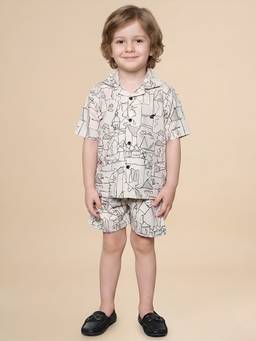 Polka Tots - Cotton Half Sleeve Abstract Print Co-Ord Set-Cream