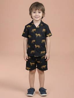 Polka Tots - Cotton Half Sleeve Leopard Print Co-Ord Set-Black
