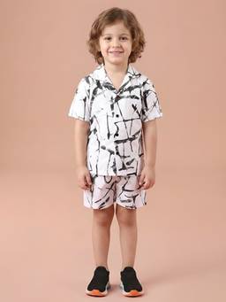 Polka Tots - Cotton Half Sleeve Brush Print Co-Ord Set-White