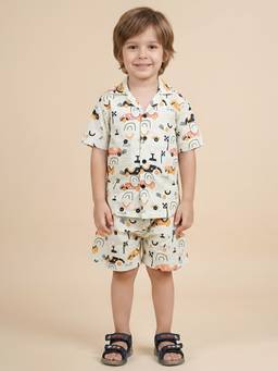 Polka Tots - Cotton Half Sleeve Racing Car Print Co-Ord Set-Green