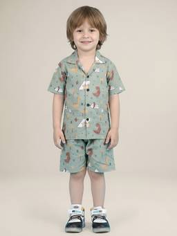 Polka Tots - Cotton Half Sleeve Dinosaur Print Co-Ord Set-Green