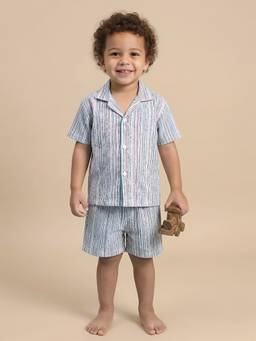 Polka Tots - Cotton Half Sleeve Stripes Print Co-Ord Set-Green