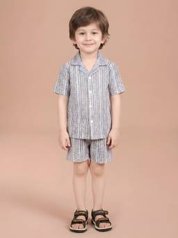 Polka Tots - Cotton Half Sleeve Stripes Print Co-Ord Set-Blue