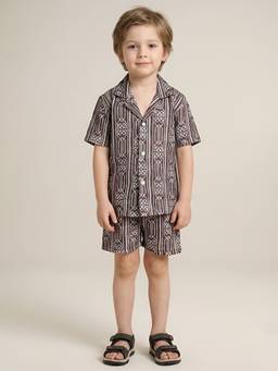 Polka Tots - Cotton Half Sleeve Geometric Print Co-Ord Set-Brown