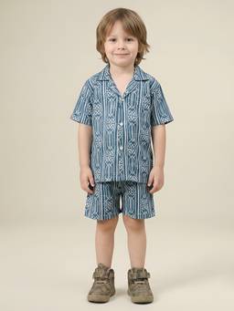 Polka Tots - Cotton Half Sleeve Geometric Print Co-Ord Set-Green