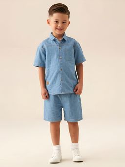 Polka Tots - Denim Half Sleeve Solid Shirt With Shorts